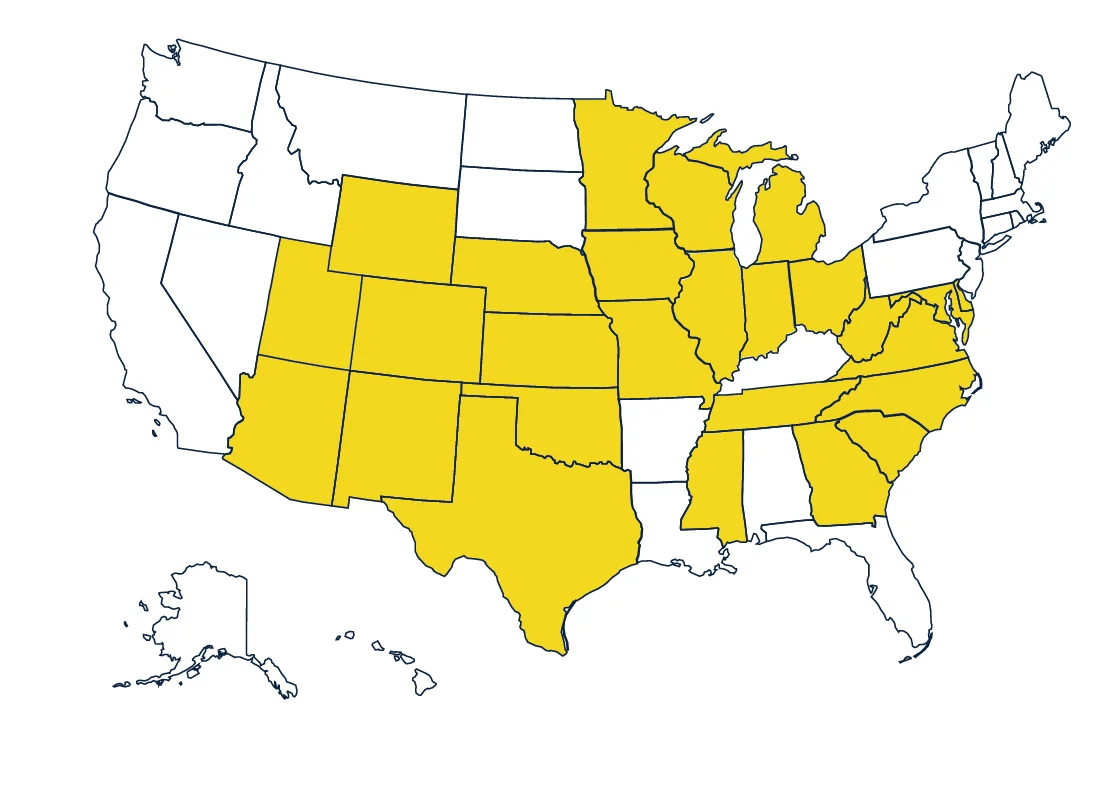 MissionPLC service area map — states highlighted in yellow